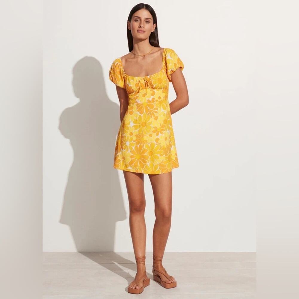 Faithfull The Brand Women’s Medium Yellow Floral Mini Dress Puff Sleeve Summer